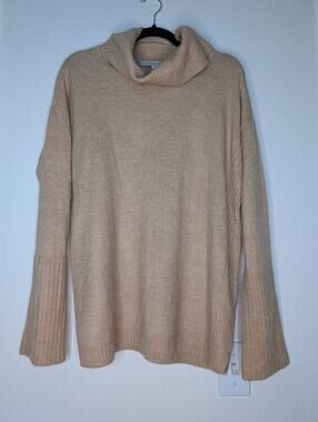 LOFT NWT Women's Ribbed Mockneck Sweater M Tan Bell Sleeves Cottagecore Soft